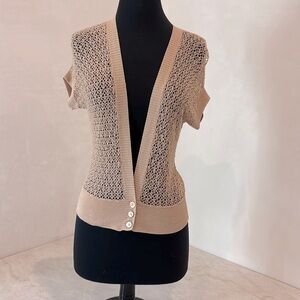 Halogen Tan Open-Knit V-neck, 3 bottons, Cardigan Sweater lightweight. Size M